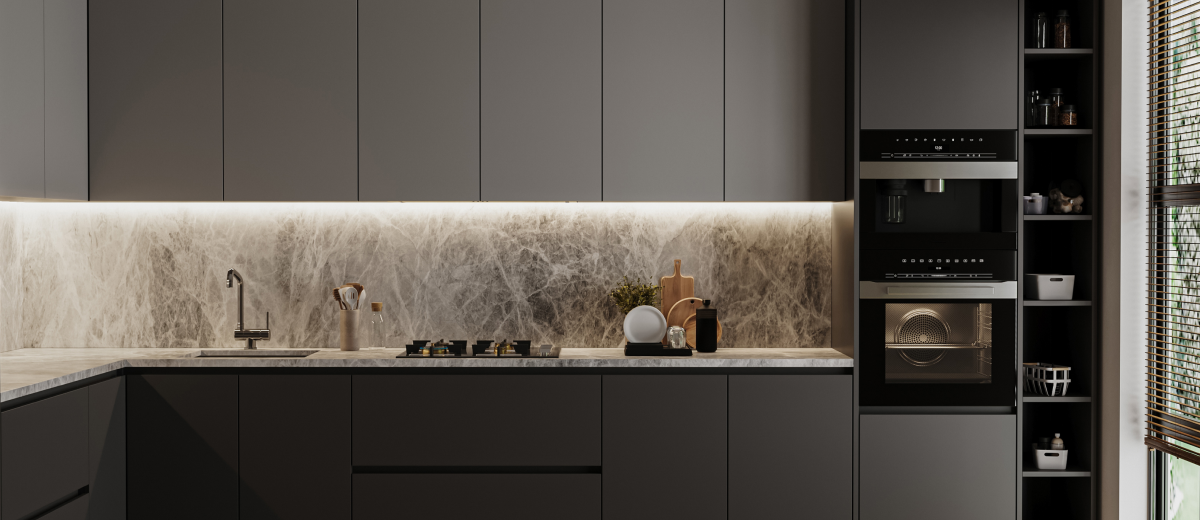 modern dark grey kitchen interior 3d rendering 1